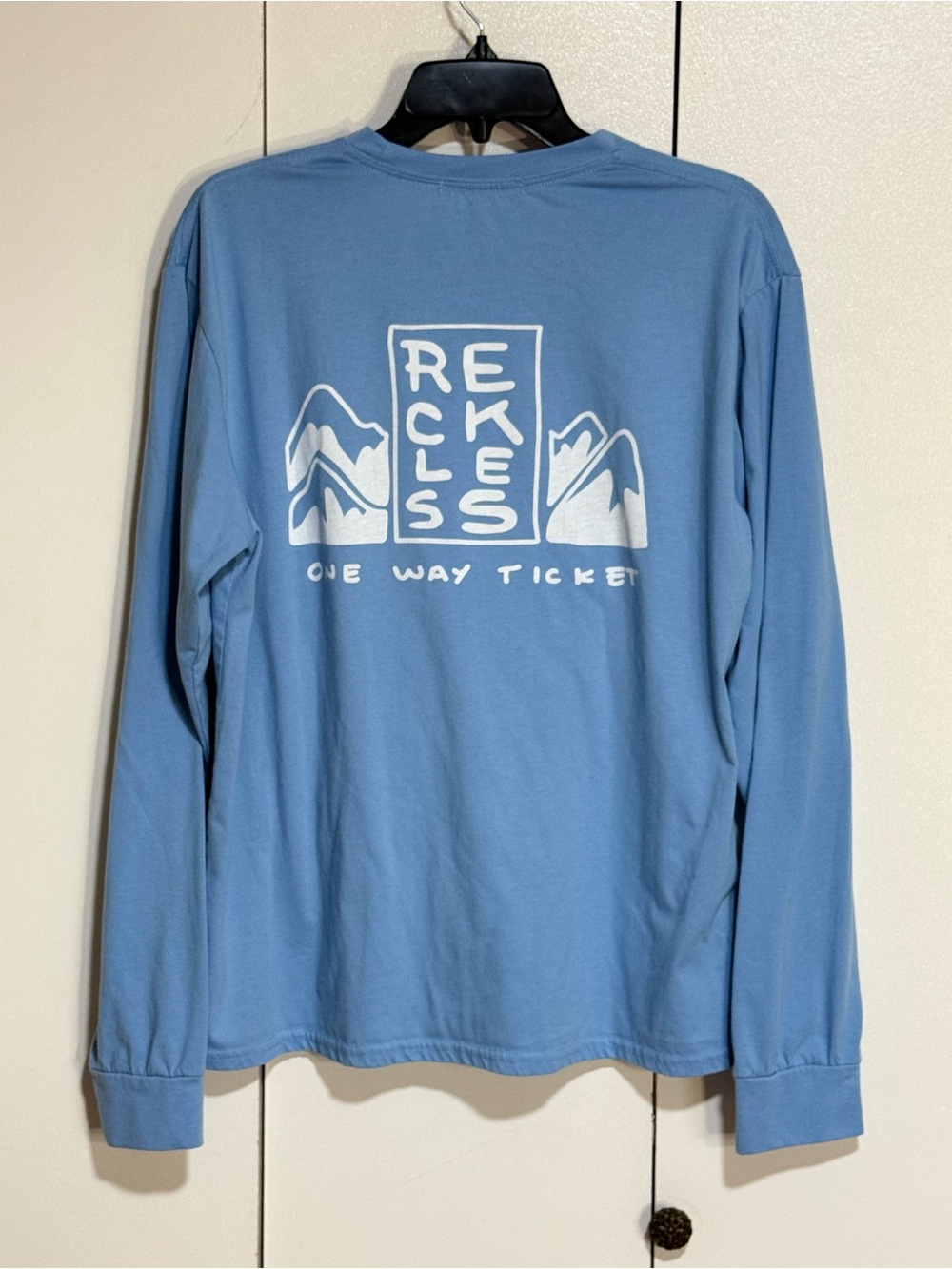 Notice The Reckless Periwinkle Blue Graphic Long Sleeve Shirt One Way Ticket - Picture 3 of 12